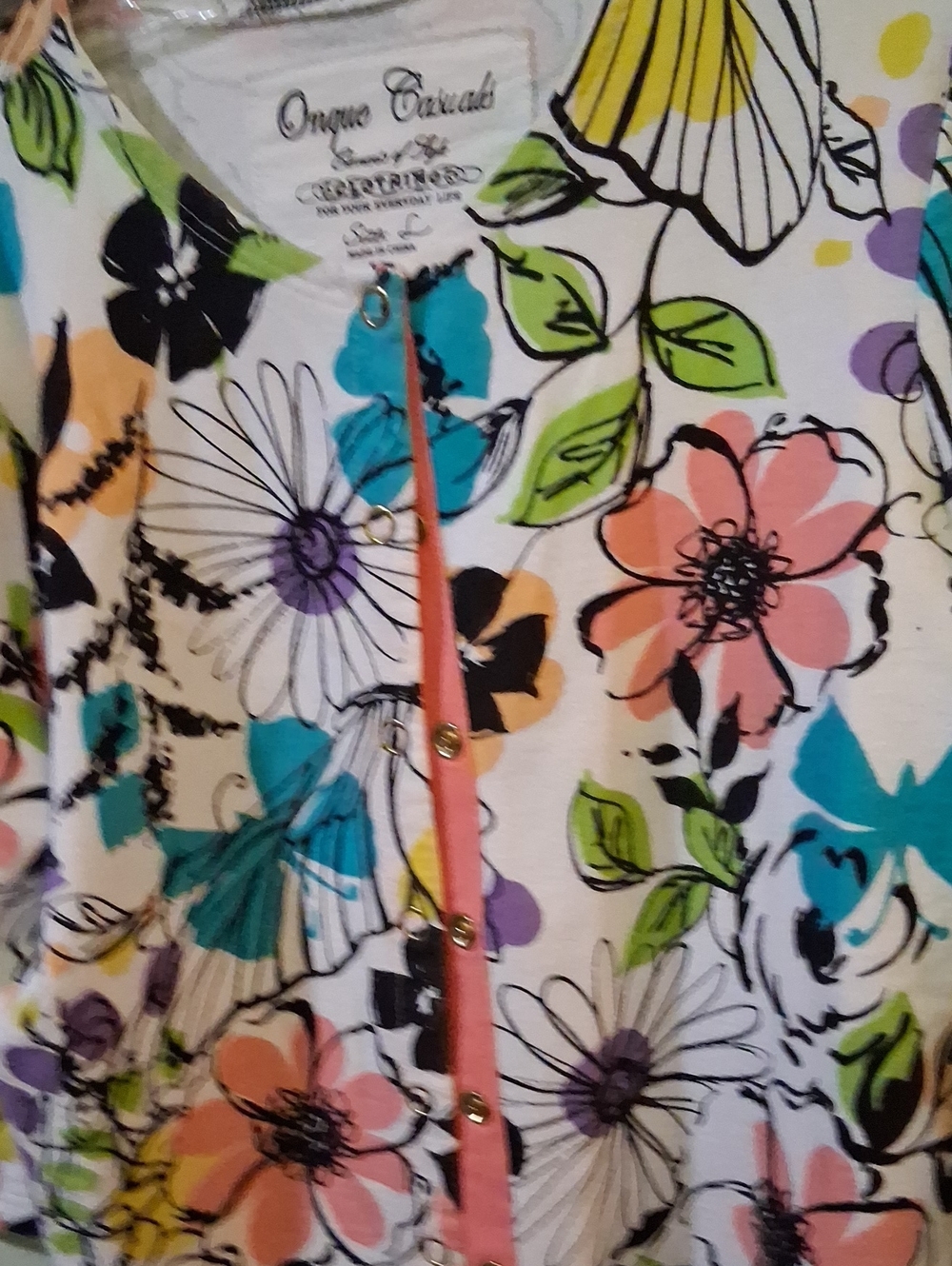 Onque Casuals White Floral Tunic with Teal, Coral, Lime and Purple Accents
